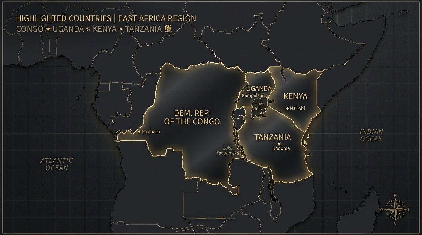 Map of Africa highlighting Congo, Uganda, Kenya, and Tanzania gold markets